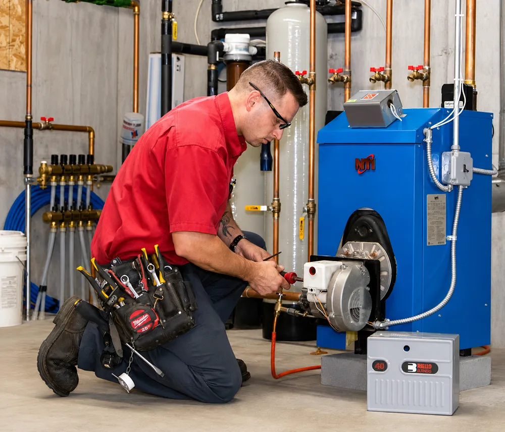 man in safety glasses and a work belt performing maintenance on a heating system